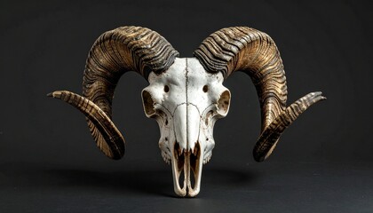 Ram skull with large curved horns and bleached bone structure facing forward for editorial animal anatomy cultural symbolism and rustic decor-themed visuals