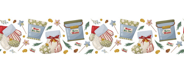Christmas seamless horizontal border with vintage stockings, mittens, mugs, and toys. Hand drawn vector illustration.