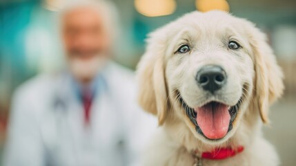 A cheerful golden retriever puppy enjoys its visit to the veterinary clinic, feeling safe and cared for by the friendly doctor behind it.