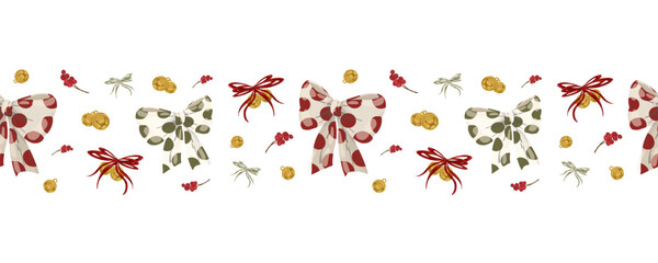 Christmas seamless horizontal border with polka dot bows, jingle bells, and holly berries. Hand drawn vector illustration