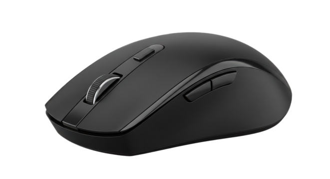 Black wireless computer mouse with scroll wheel isolated on transparent background for desktop or laptop use