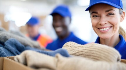 A group of cheerful volunteers organizes warm clothing in a community center to help people during the cold winter season.