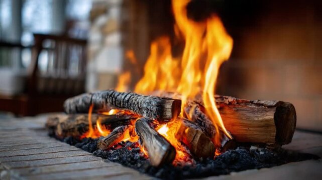 Cozy Fireplace Flame: A mesmerizing display of crackling flames dances above neatly stacked logs within a warm, inviting fireplace, creating a serene and comforting atmosphere.