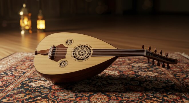 Wooden oud musical instrument on ornate carpet with soft lighting
