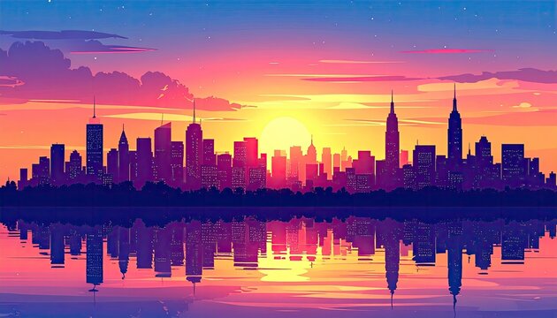 Vibrant Pixel Art Cityscape Silhouette at Sunset with Water Reflection, Warm Tones Sky, Urban Skyline with Detailed Buildings, Retro Game Style Landscape, Pixelated Cloud