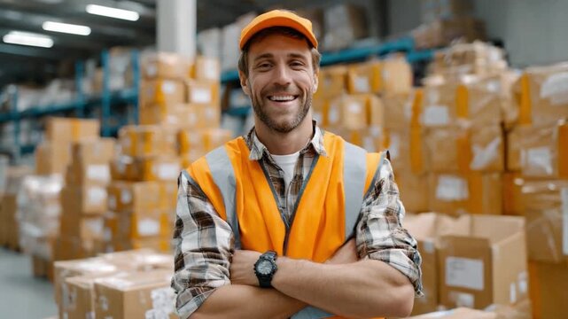Warehouse Worker's Pride: A warehouse worker stands with a confident demeanor, ready to take on the day, showcasing the values of hard work and dedication amid a bustling warehouse.
