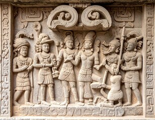 Intricately carved stone relief depicting six Mesoamerican figures in ceremonial attire with glyph-like border for editorial ancient culture anthropology historical art and museum-themed visuals