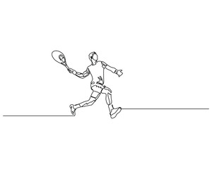 Minimalist line art of tennis player in action pose with racket. Dynamic sports illustration for fitness, motion, competition, or athletic lifestyle themes