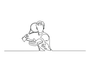 One line drawing of a male tennis player in action, preparing to hit a forehand shot. Minimalist sports illustration for fitness, competition, and athletic concept themes