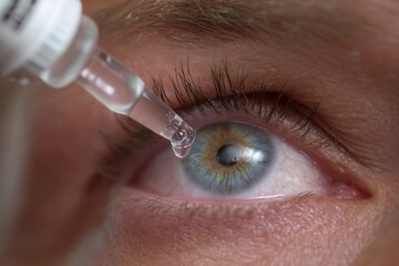 Close-up of a human eye with a droplet of eye dropper medicine being applied to the eye