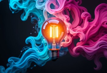 Glowing light bulb surrounded by swirling blue and pink colorful smoke in a dark background