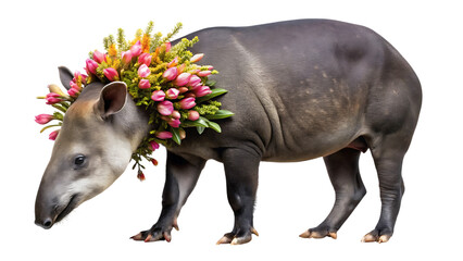 Majestic tapir adorned with vibrant blooming flowers isolated in artistic composition