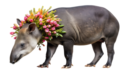 Majestic tapir adorned with vibrant blooming flowers isolated in artistic composition