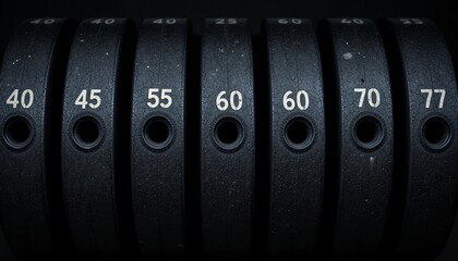 Close up view of various black weight plates neatly arranged with visible numbers for strength