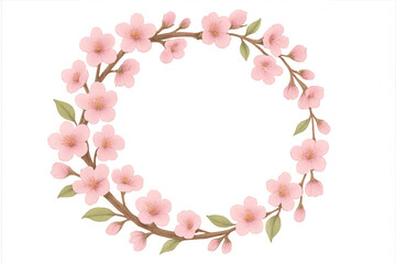 Fototapeta premium Pink cherry blossom sakura wreath border, watercolor floral frame with spring blooming flowers