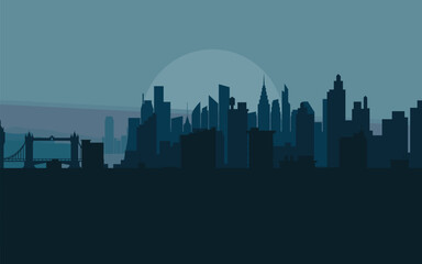 Moody flat vector of a global city skyline silhouetted against a dark blue twilight sky. Ideal for corporate, finance, technology, urban development, and modern cityscape-themed designs.