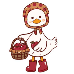 Duck holding basket of apples wearing red boots fall harvest