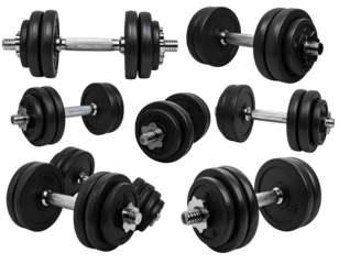 Collection set of black fitness sports training workout dumbbells weights, many view 