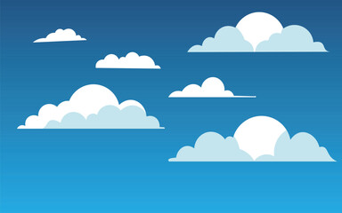 Puffy white cartoon clouds float across a vibrant blue gradient sky. Minimalist vector background ideal for weather graphics, web design, mobile apps, or clean corporate and educational presentations.