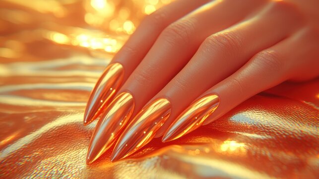 Elegant hand with long, reflective, metallic-gold nails on crumpled gold fabric