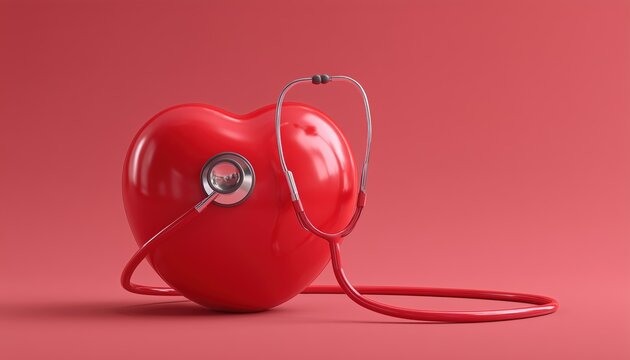 Red Heart-Shaped Exercise Ball And Doctor'S Stethoscope On Red Background For Hospital Life Insurance And World Heart Health Day Celebrations