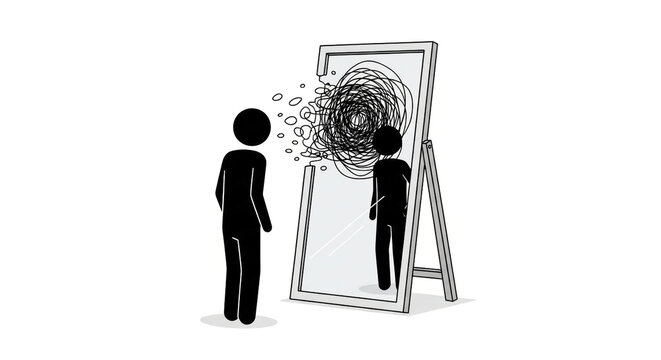 Stick figure facing a chaotic reflection in a mirror, symbolizing mental health issues, identity crisis, and inner turmoil.