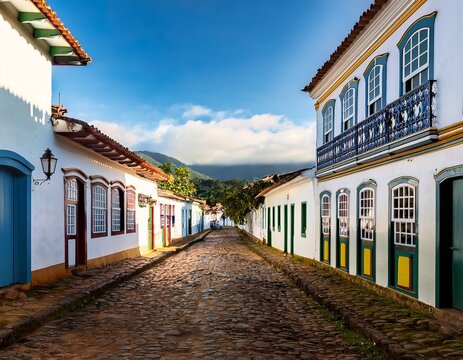 view to a cobblestone street with artful decorated house facades in historic town paraty brazil