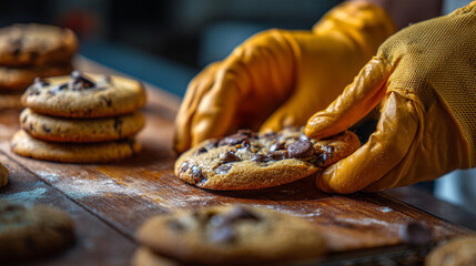 Fototapeta premium Hands in yellow gloves arranging chocolate chip cookies on wood board