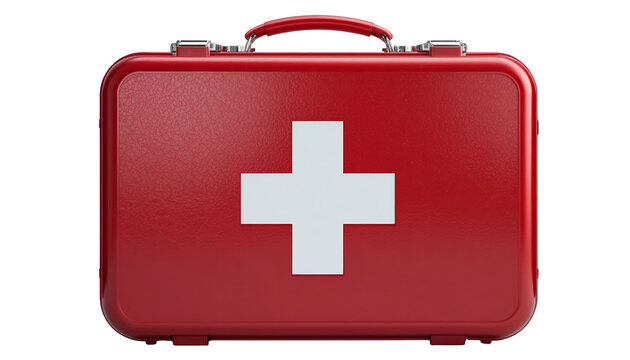 red first aid kit with white medical cross symbol isolated on black background for emergency