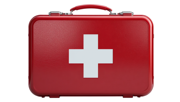 red first aid kit with white medical cross symbol isolated on black background for emergency