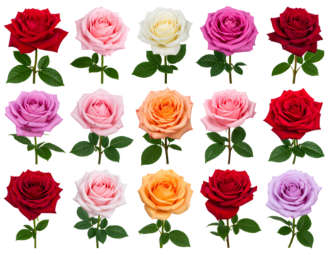 Collection set of red pink cream lavender violet stalk of rose roses flower floral to 