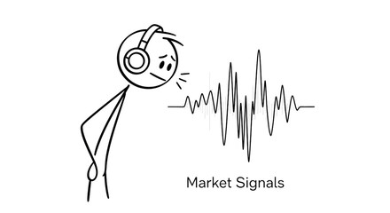 Stick Figure Listening to Market Signals with Headphones: Financial Data Analysis and Investment Concept Illustration