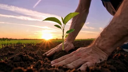 multigenerational gardening close up of hands planting small tree into soil during sunset symbolizing sustainability, hope, and family environmental responsibility - Powered by Adobe