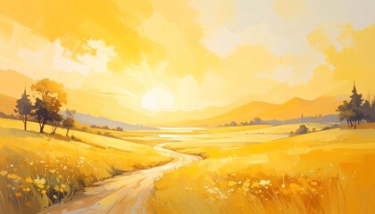 Golden sunrise over rolling hills, a winding path through sunlit fields with scattered trees and distant mountains