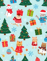 Cute Christmas cats and trees pattern