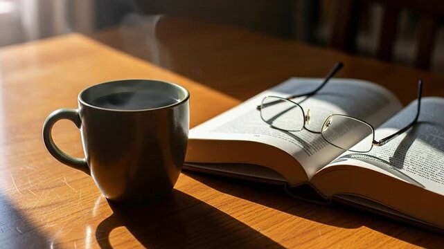 Cozy coffee break with open book and sunlight, perfect reading scene