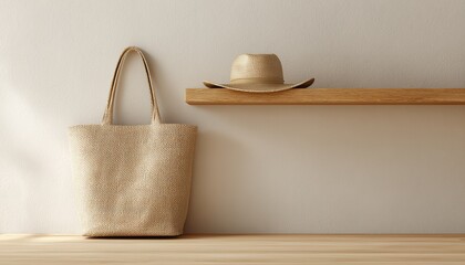 Simplicity In Design: Straw Shopping Bag And Hat Displayed On Wooden Shelf In Hallway With Minimalist Interior Decor