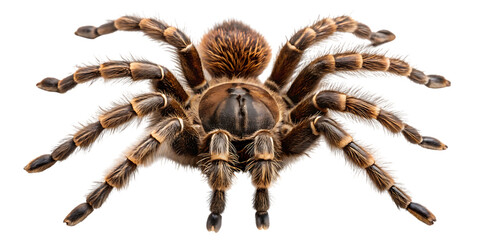 Detailed macro shot of a colorful tarantula with eight legs extended on a plain backdrop