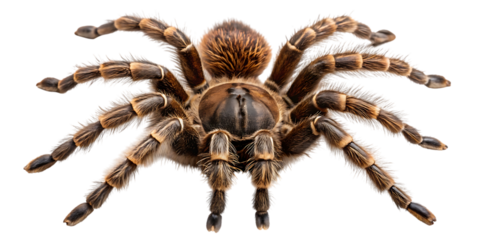 Detailed macro shot of a colorful tarantula with eight legs extended on a plain backdrop
