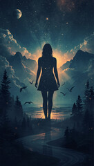 Silhouette of a woman standing against a brilliant, celestial glow at the horizon