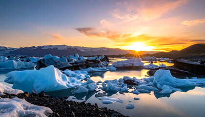 Icebergs Floating on Glacial Lagoon at Sunrise in Iceland Arctic Landscape with Blue Ice and Golden Sun Rays Reflecting off Still Water Surface