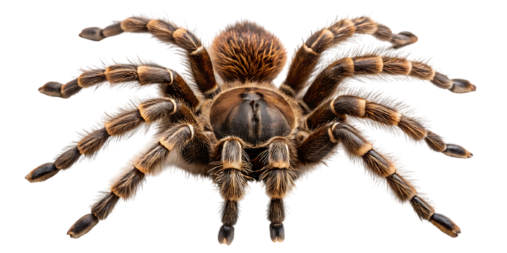 Detailed macro shot of a colorful tarantula with eight legs extended on a plain backdrop