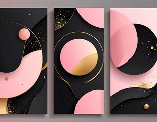 Elegant Abstract Pink Gold Geometric Shapes Triptych Art Design.