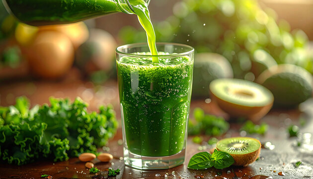 Green Smoothie pouring: A vibrant green smoothie being poured into a glass, surrounded by fresh ingredients like kale, avocado, and kiwi. a healthy, nutritious and refreshing beverage.