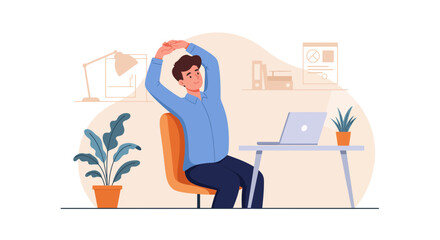 A man stretching at his desk in a home office setting, featuring a laptop, plant and desk lamp. Concept for ergonomic workspace, health break reminders and remote worker wellness