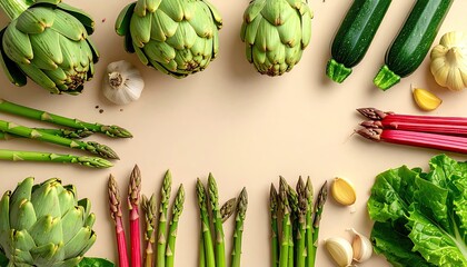 Fresh spring vegetables arranged artfully on a neutral background.