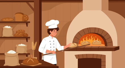 Cartoon of baker putting bread in traditional stone oven inside rustic bakery backdrop, concept for bakery business, culinary illustration and artisan baking promotion