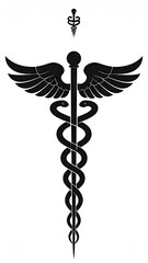 Black Caduceus Symbol Medical Healthcare Emblem With Wings And Snakes.