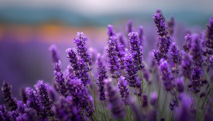 Obraz premium Summer Lavender Field: A Natural Beauty Captured With Selective Focus. Immerse Yourself In The Stunning Sights Of Blooming Lavender In Summer. Perfect For Relaxation.