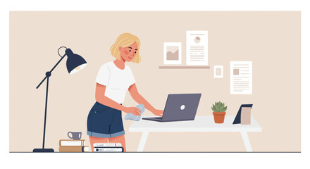 Illustration of a woman cleaning her laptop with a cloth on a tidy desk in her home office, concept for hygiene maintenance, workspace tidiness and home office organization